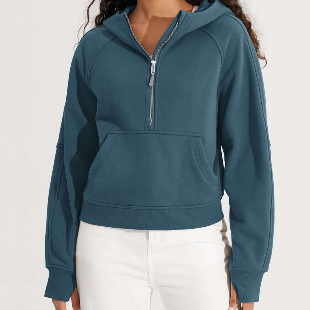 Ododos Cozy Half-Zip Fleece Cropped Hoodie Sweatshirt Thumbholes Size XL